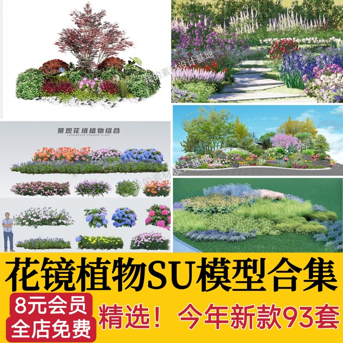 园林景观花镜花境植物配置地被花丛花草花卉草花组团搭配su模型库