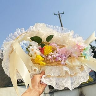 洛丽塔白色蔷薇花lolita草帽汉洋折衷头饰波奈特风蝴蝶结蕾丝帽子