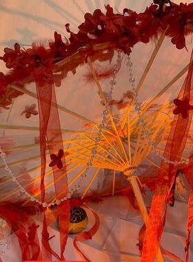 新款古风汉服手持花伞羽毛配饰lolita飘带唯美大气cos伞超仙重工