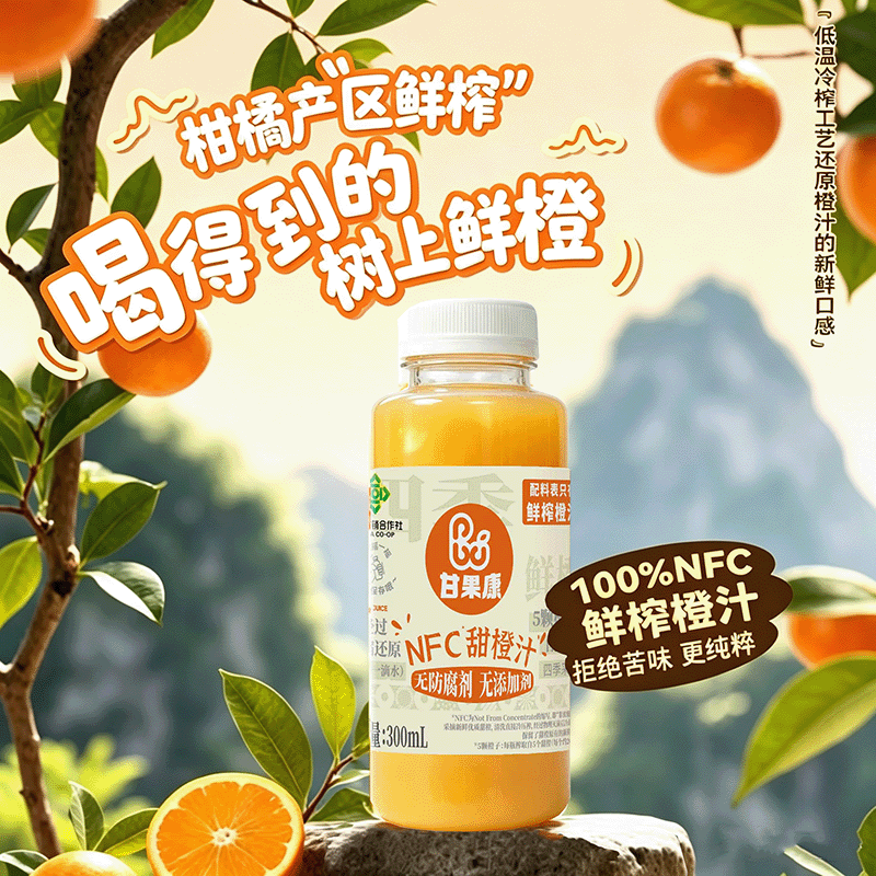 甘果康100%nfc鲜榨橙汁儿童无添加纯橙汁去皮冷压榨饮料300ml图片