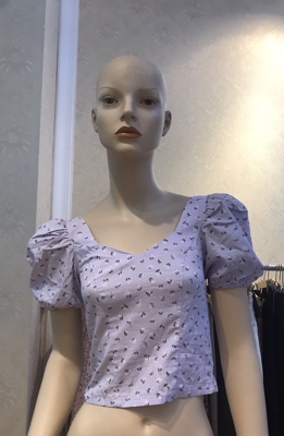 monki品牌原单紫色碎花法式领高腰短袖