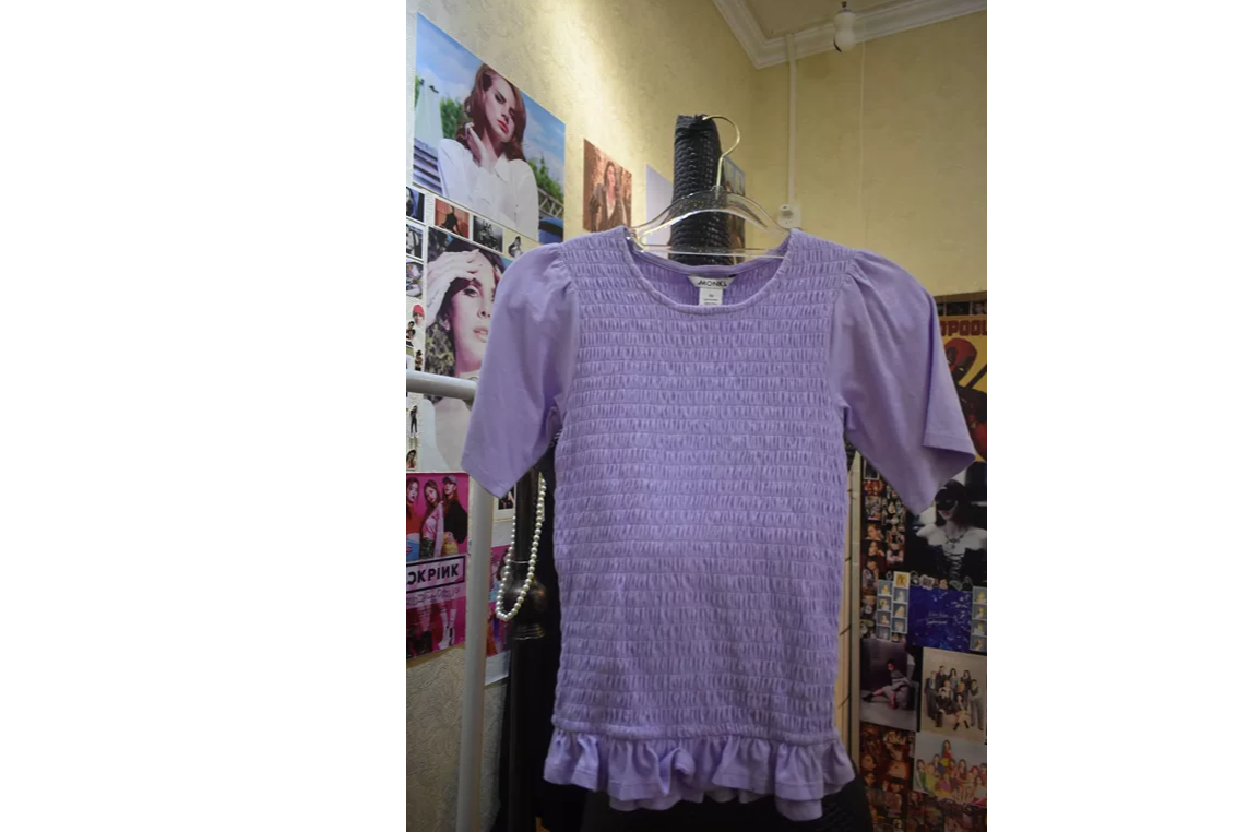 monki浅紫色松紧褶皱设计花边拼接短袖商场撤柜品牌