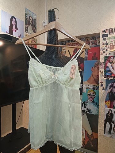 tutanna品牌浅绿色蕾丝蝴蝶结条纹透视吊带女夏季纯欲风深v睡衣