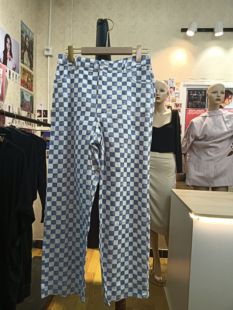 monki蓝白色棋盘格y2k风纯棉牛仔休闲长裤商场撤柜品牌