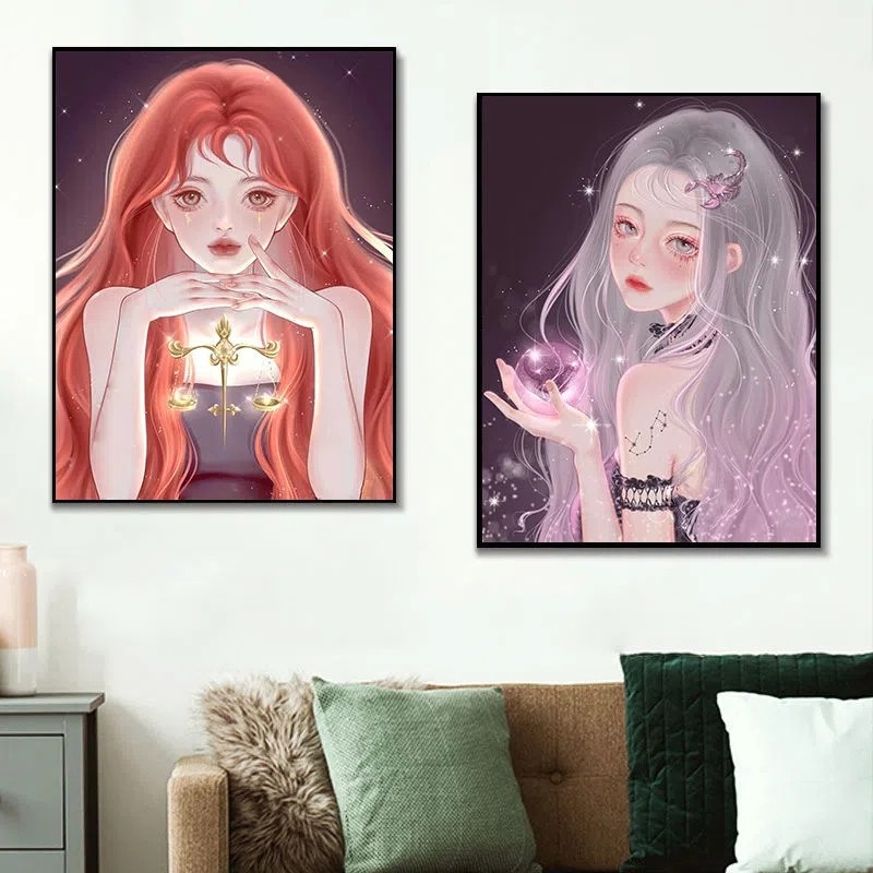 动漫十二星座女孩射手白羊双子座diy填色数字油画卧室装饰挂画