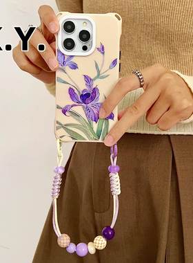 新中式鸢尾花iPhone15PRO手机壳带挂绳适用苹果16promax华为MATE70PRO+斜挎可背VIVOX200ULTRA防摔FINDX8硬壳
