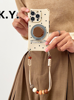 棕底英文旋转支架手机壳背带斜挎适用于苹果16promax手提斜挎可背苹果17p防摔VIVOX200软硅胶壳华为mate70pro