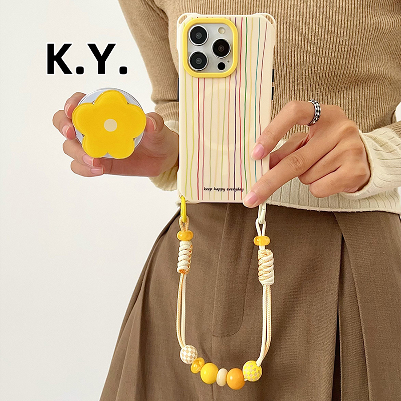 ins彩色条纹小黄花磁吸支架手机壳带挂绳适用于iPhone15/16华为mate60/70手提可斜挎背带14ultra四角开孔硬壳
