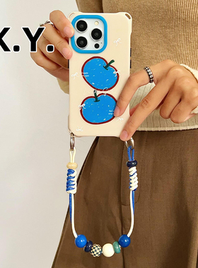 小众涂鸦蓝苹果挂绳斜挎手机壳适用于苹果16PROMAX华为mate60pro+斜挎背带手VIVOX200四角开孔PURA70PRO硬壳