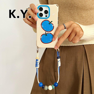 小众涂鸦蓝苹果挂绳斜挎手机壳适用于苹果16PROMAX华为mate60pro 斜挎背带手VIVOX200四角开孔PURA70PRO硬壳