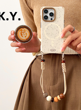不规则点拉花咖啡磁吸旋转支架手机壳背带斜挎苹果16pro手提可背iphone17promax防摔硬壳华为mate80pro简约风