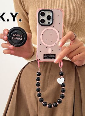 黑底英文磁吸旋转支架手机壳背带斜挎适用于苹果16promax手提斜挎可背苹果17pro防摔华为mate70pro硬壳小米17