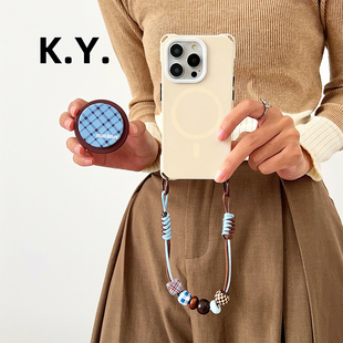 14ultra硬壳 60Pro手提珠链x200四角开孔15 蓝格纹棕底菲林磁吸支架挂绳斜挎手机壳适用于苹果17 16Pmmate70