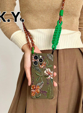 国风手绘花适用苹果15pro手机壳带挂绳新款iphone16PM背带斜挎华为mate70PRO手腕手提小米14ultra软壳pura70
