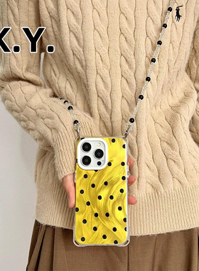 创意黑色波点15PRO手机壳带挂绳斜挎可背适用于苹果16PROMAX华为mate70provivoX200四角开孔14ULTRA防摔硬壳