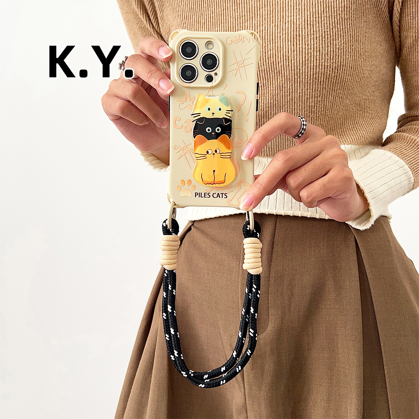 适用于苹果17PRO手机壳挂绳斜挎pura80ULTRA卡通猫咪折叠支架16/15/14PM手提腕带MAGIC7PRO保护壳mate70PRO