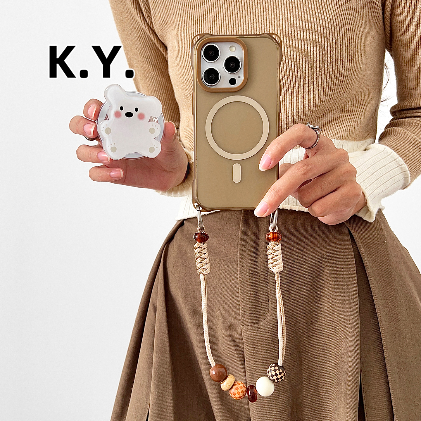 新款苹果17promax白色考拉支架磁吸手机壳带挂绳适用于华为mate70斜挎可背苹果16pro保护壳vivox200四角开孔