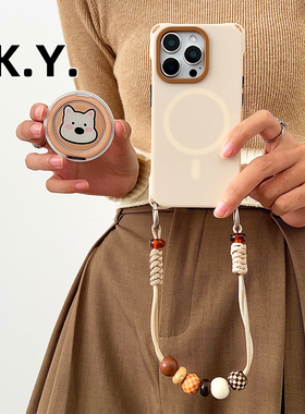 白色小狗磁吸旋转支架手机壳背带斜挎适用于苹果17pro手提斜挎可背iphone14PM防摔硬壳华为mate80pro保护壳