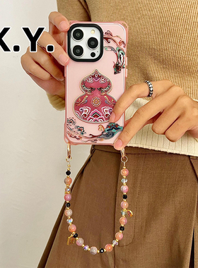 国风敦煌葫芦挂绳斜挎15PRO手机壳适用苹果16PROMAX小米14ULTRA手腕防摔VIVOX200四角开孔mate70pro保护套