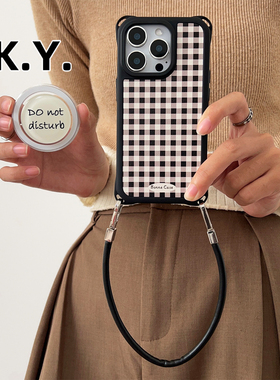 皮质格纹磁吸手机壳带挂绳适用于苹果17PRO华为mate70pro背带斜挎VIVOX100PRO四角开孔16promax防摔保护套