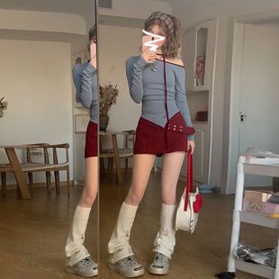 打底衫 氛围感修身 上衣 T恤女春秋新款 设计感小众一字肩蓝色长袖