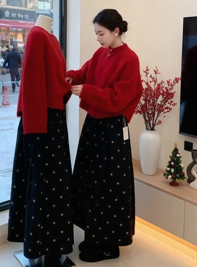 圣诞新年红色针织连衣裙子女秋冬2025新款独特漂亮冬装一整套长裙