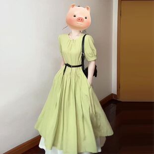 2026新款 连衣裙子女夏季 气质绝美收腰长裙 学院风绿色衬衫 法式