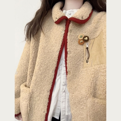 韩系2025新款棕色摇粒绒羊羔绒毛毛外套女初冬巨好看加厚翻领大衣