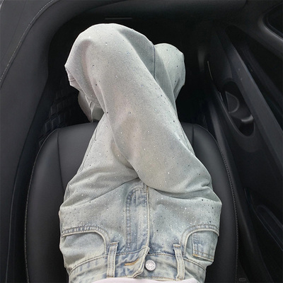 浅蓝阔腿牛仔裤女2025春秋新款小个子显瘦烫钻设计感宽松直筒裤子