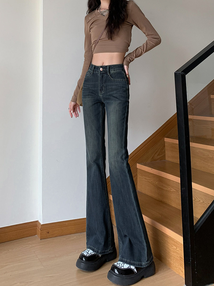 Retro flared padded jeans for women, 2025 new spring and autumn style, slimming, elastic, body-hugging, and stylish flare pants