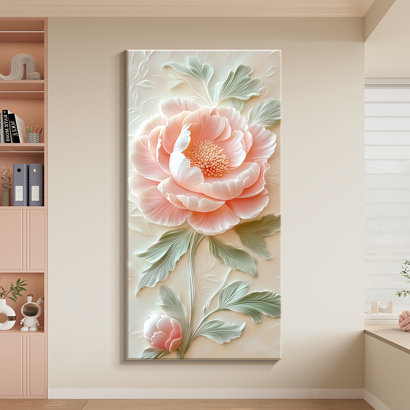 奶油风客厅竖版装饰画牡丹花卉玄关挂画花开富贵入户正对墙面壁画图片