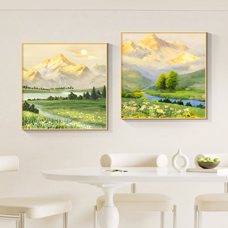 现代简约餐厅装饰画日照金山饭厅餐桌挂画北欧山水风景高级感油画图片