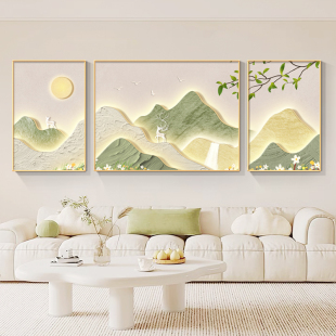 饰画轻奢高级感沙发背景墙三联画山水风景麋鹿挂画 背有靠山客厅装