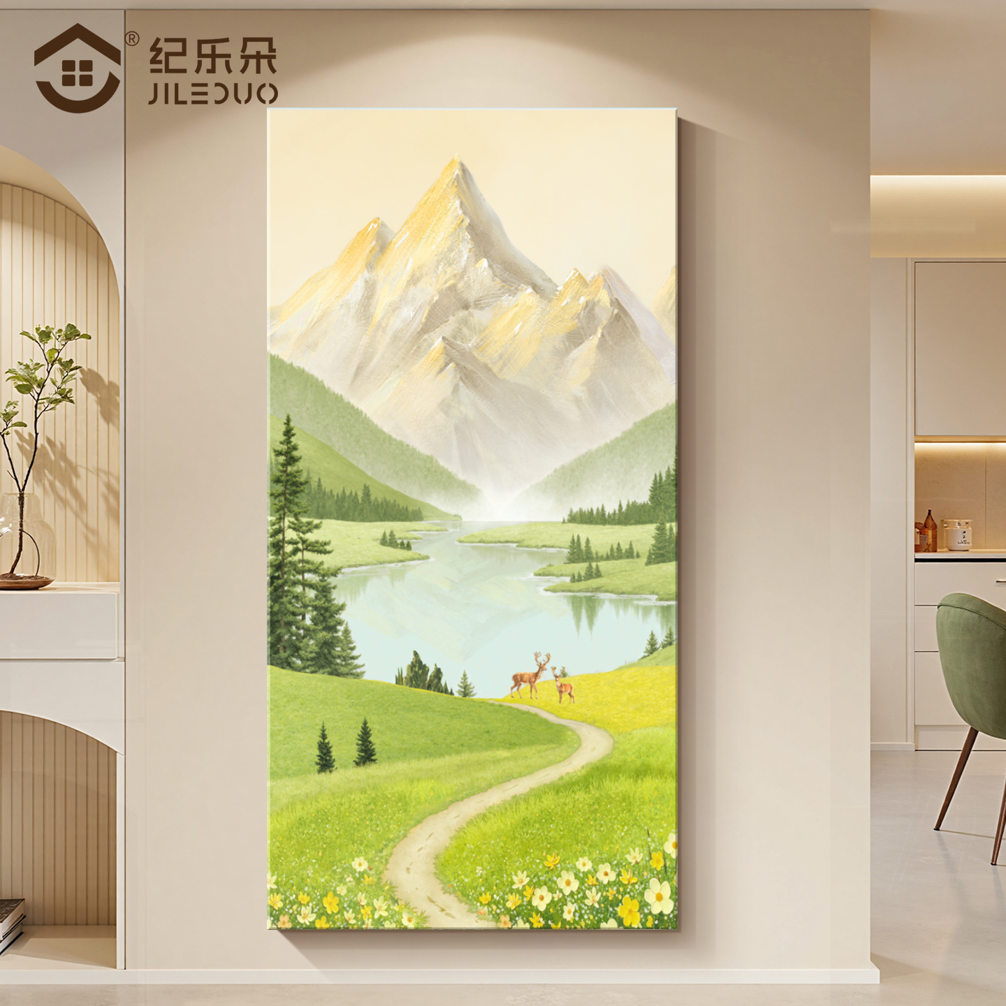 日照金山玄关装饰画入户正对门聚宝盆山水画高端大气风景砂岩壁画