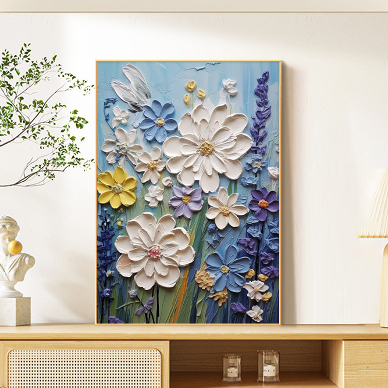 抽象花卉餐厅圆形挂画现代简约肌理感入户玄关装饰画卧室桌面摆画图片