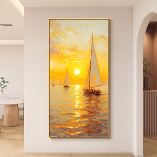 一帆风顺莫奈油画海上日出玄关装 饰画高级肌理感入户走廊过道挂画