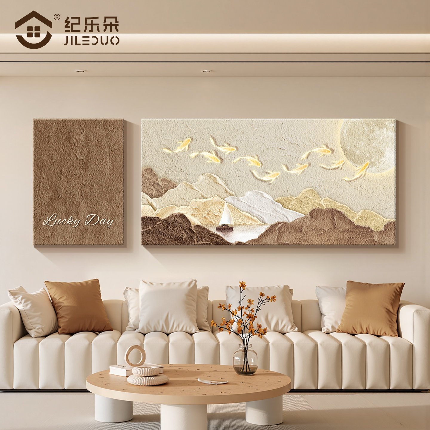 九鱼聚财立体砂岩画客厅沙发背景墙装饰画2025新款肌理感山水挂画图片