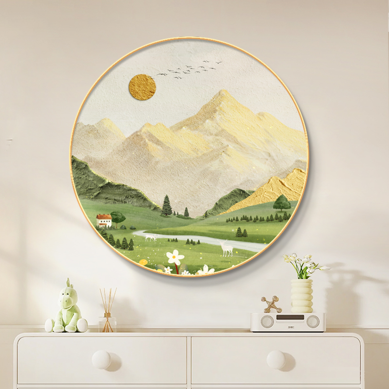 日照金山入户正对门玄关装饰画圆形餐厅餐桌挂画山水风景肌理壁画