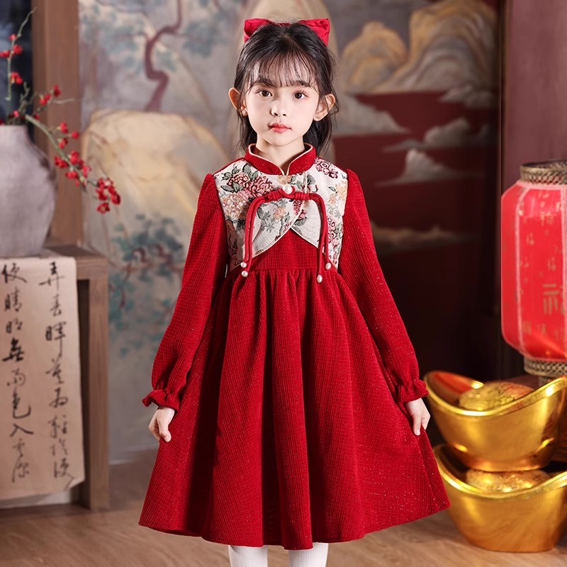 女童加绒新年红色公主裙秋冬