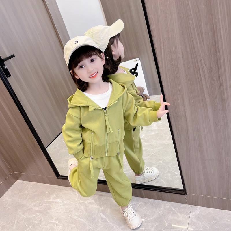 女童春秋休闲套装韩版中小童连帽开衫外穿上衣女宝宝运动裤两件套