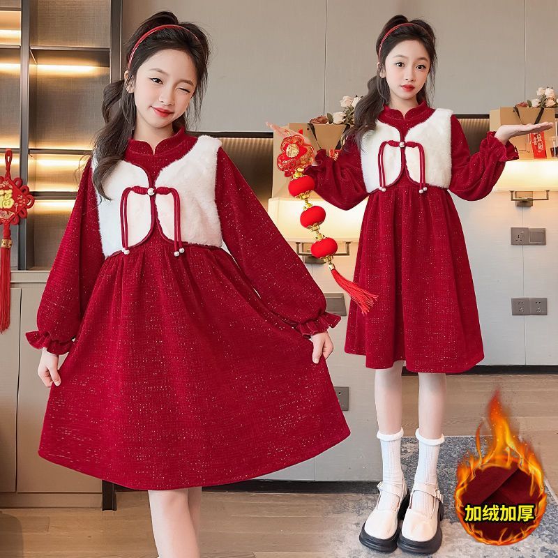 女童新年装加绒连衣裙秋冬季