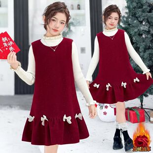 新年背心裙女童加绒冬装裙子小女孩拜年服红色套装裙儿童连衣裙