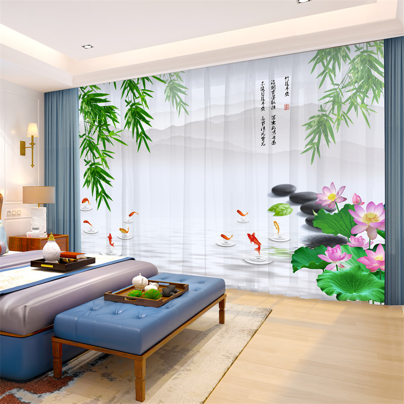 新中式荷花鲤鱼窗帘26新款古风山水风景画卧室客厅透光不透人纱帘