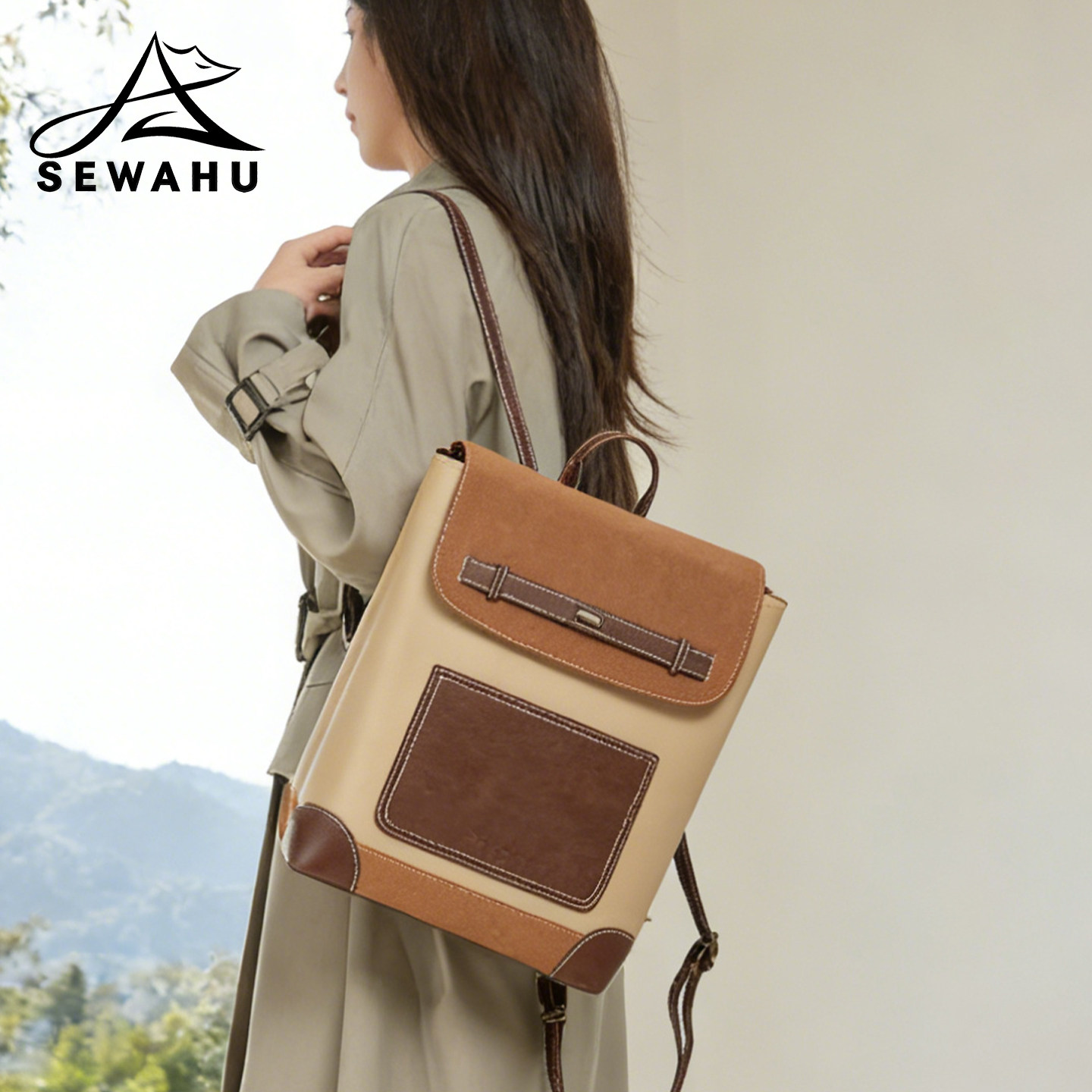 皮质双肩包女2025新款设计感小众上班通勤背包复古拼接百搭小包包