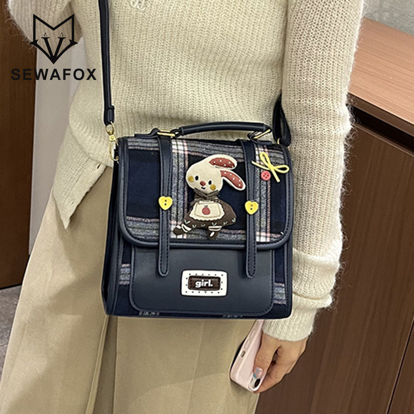SEWAFOX格纹双肩包学生百搭女包