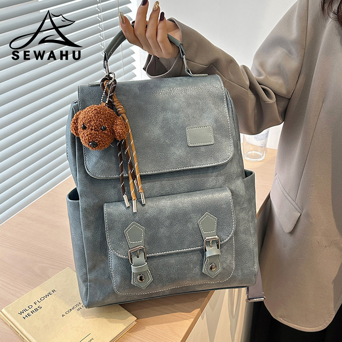 SEWAHU皮革明线搭扣大容量双肩包