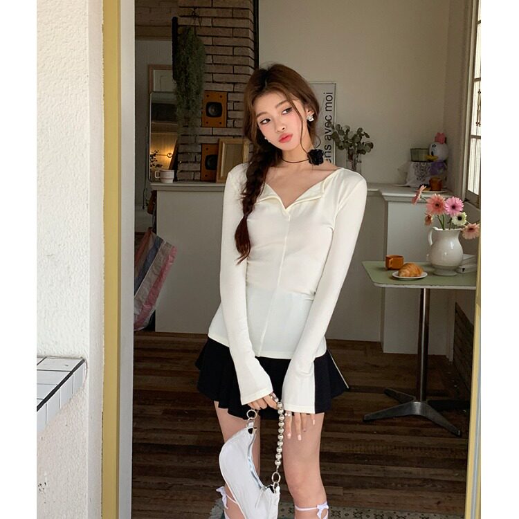 QYPRF 春夏纯色个性半开领长袖T恤修身显瘦百搭打底上衣 女款