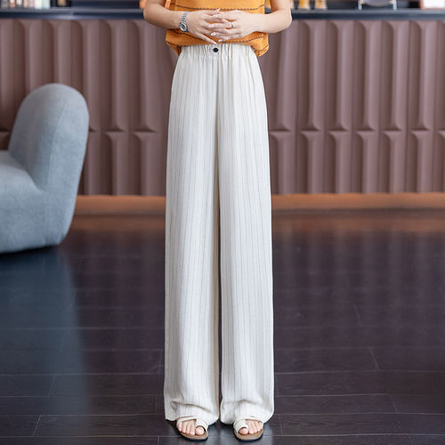 小个子冰丝亚麻条纹阔腿裤女夏季薄款2025流行新款垂感休闲直筒裤