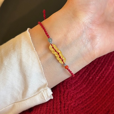 925纯银五帝钱币红绳手链女简约手工编织新中式国风设计手饰B6571