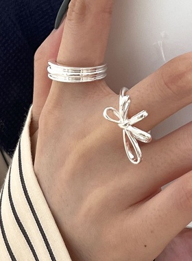 美汝仙 珠宝纯银戒指女蝴蝶结网红博主开口指环亮银色轻奢高级感